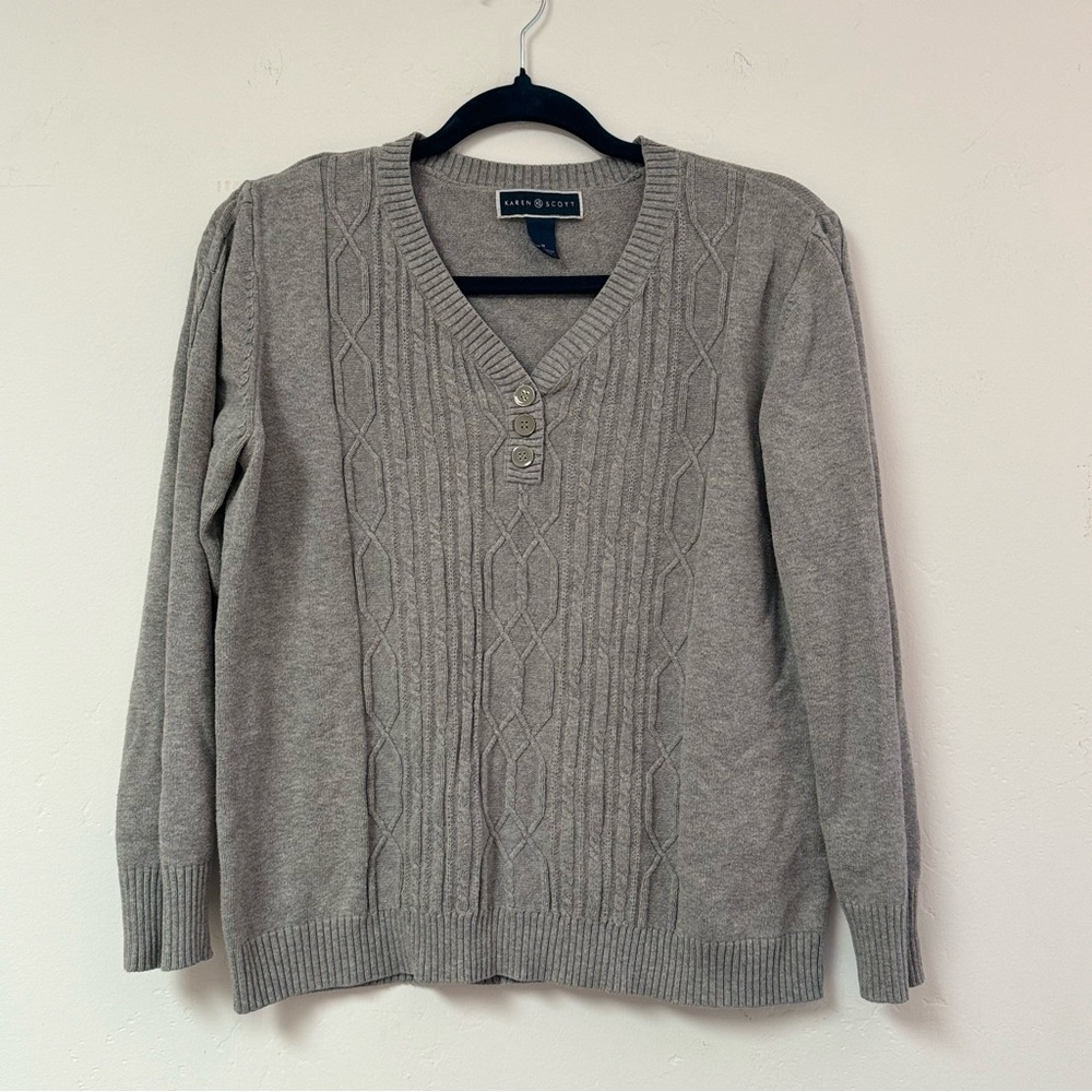Karen Scott | Women’s Cable‎ Knit V-Neck w/ Buttons Sweater - Gray, Size Medium